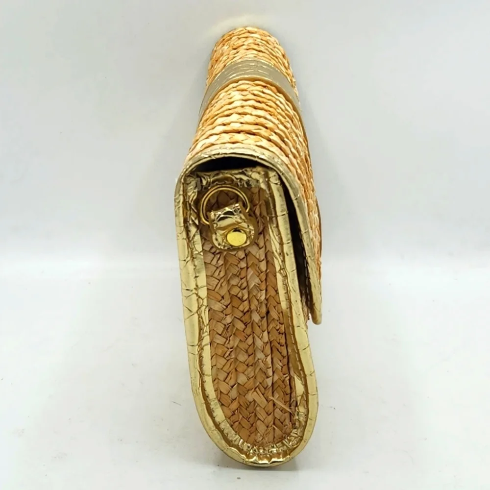 Big Buddha Straw Faux Leather Gold Crocs Trim Accents Fold Over Clutch